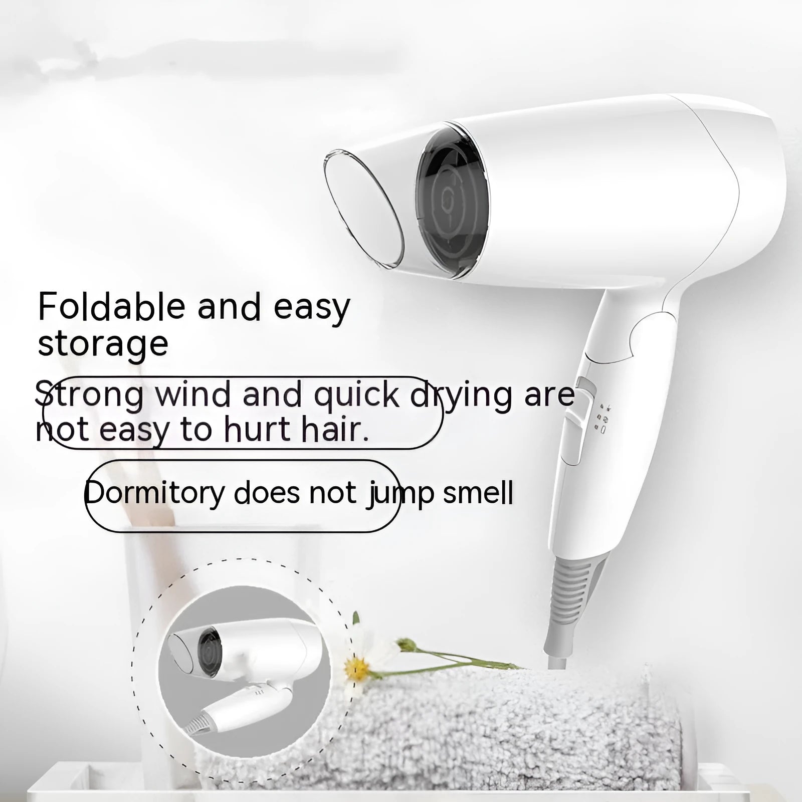 Moon White compact 1400W portable hair dryer with 150cm cord and air outlet on neutral background