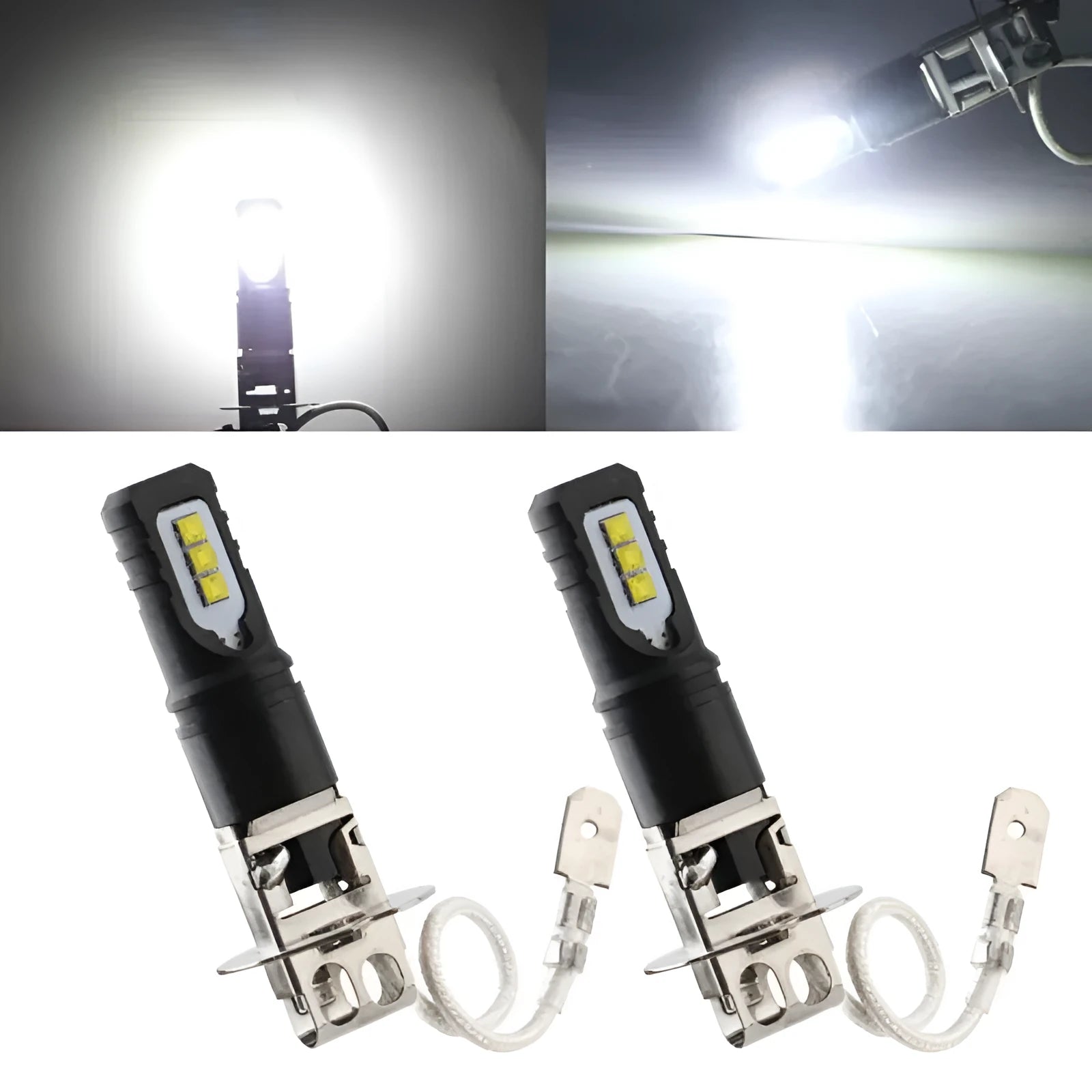 Aluminium alloy car fog light bulb in H1 and H3 formats with white light.