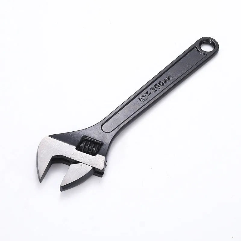 A black high carbon steel adjustable wrench on a white background, showing its open jaws and knurled adjustment screw.