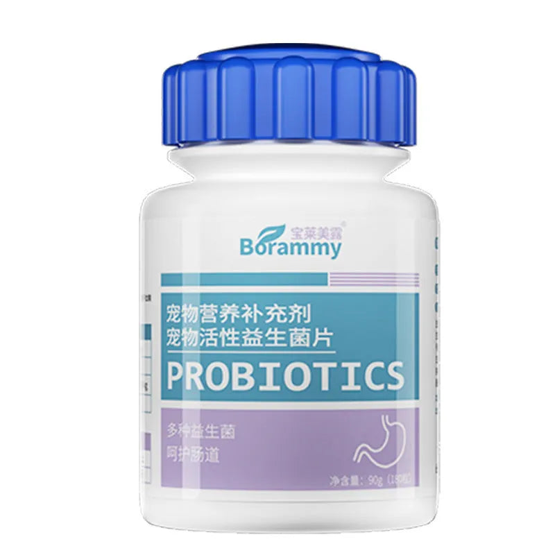 Bottle of 180 pet probiotic tablets for dog and cat digestive health.