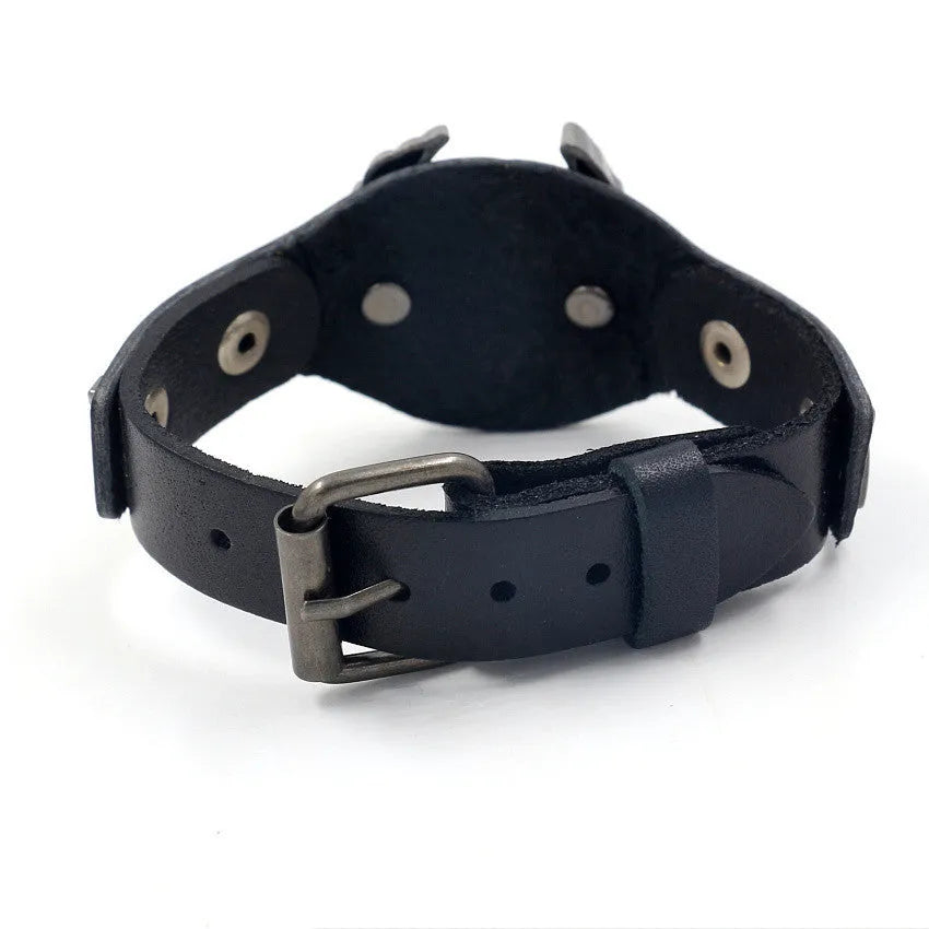 Black leather bracelet with eagle alloy watch-buttom clasp showing geometric shape