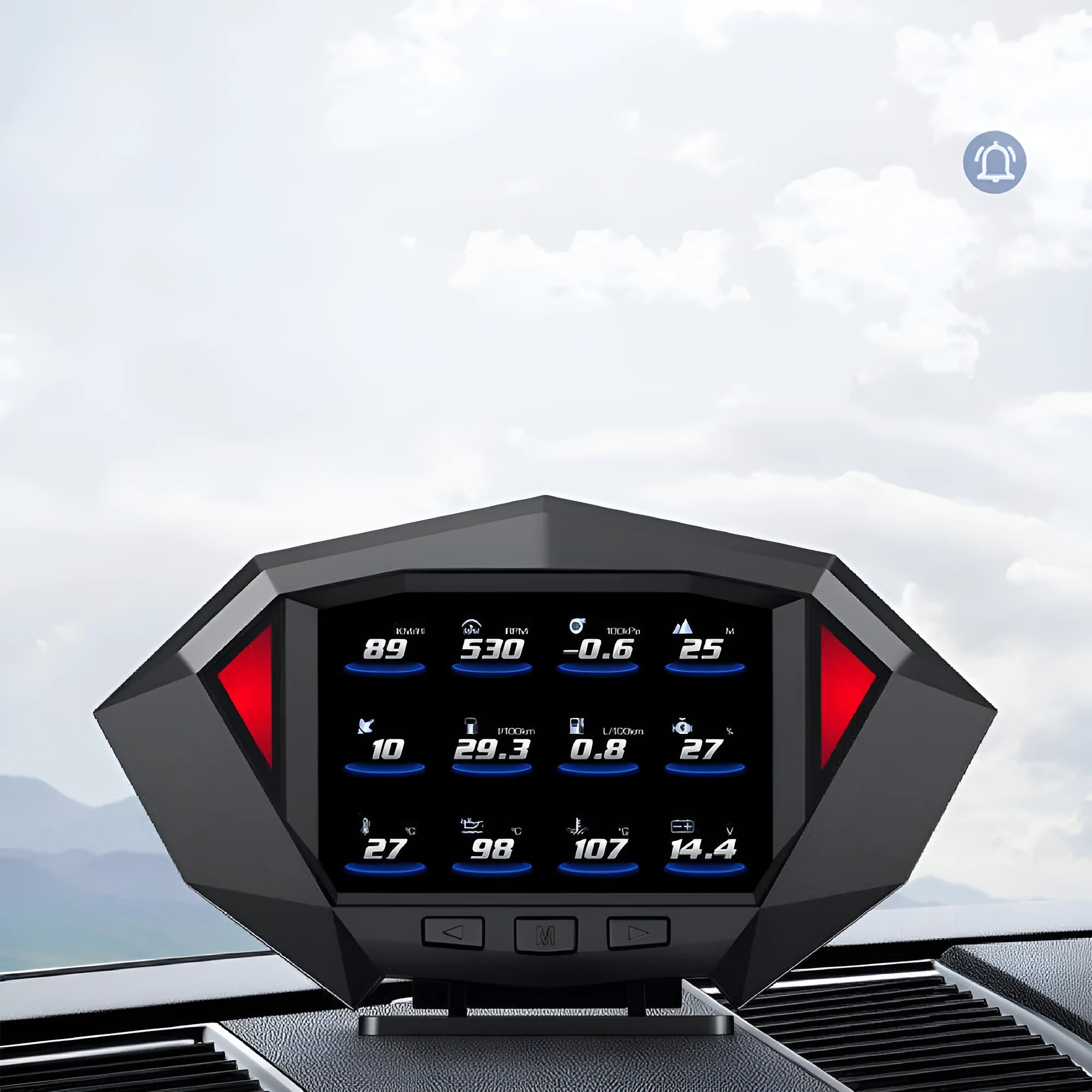 Black car head-up display unit with LCD screen on dashboard showing driving information