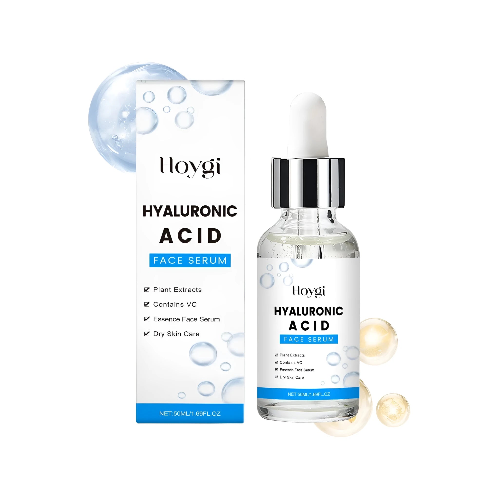 50ml bottle of Hyaluronic Acid Face Serum with Vitamin C and Centella Asiatica extract.
