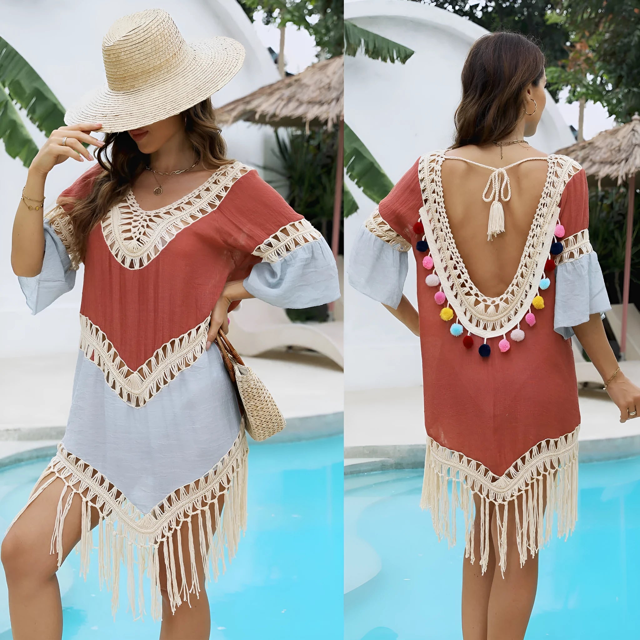 Orange floral beach overskirt with hand crochet detailing and tassels