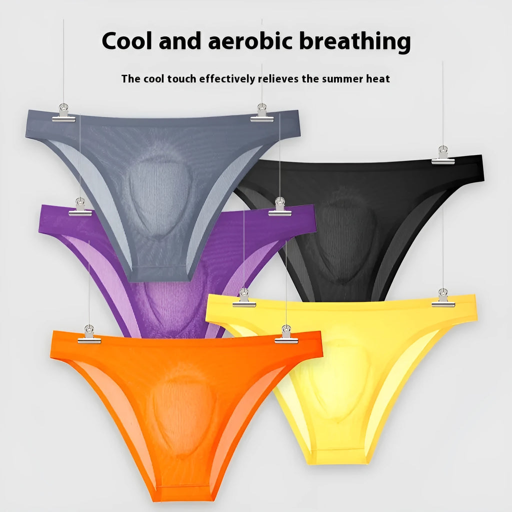 Seamless low waist women's briefs in Ice Silk fabric, shown in multiple colours including black, white, and purple.