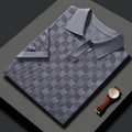 Men's short sleeve lapels sweater in mulberry silk jacquard for business casual wear.