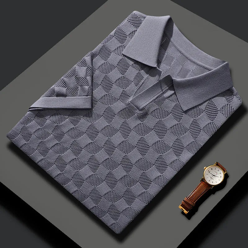 Men's short sleeve lapels sweater in mulberry silk jacquard for business casual wear.
