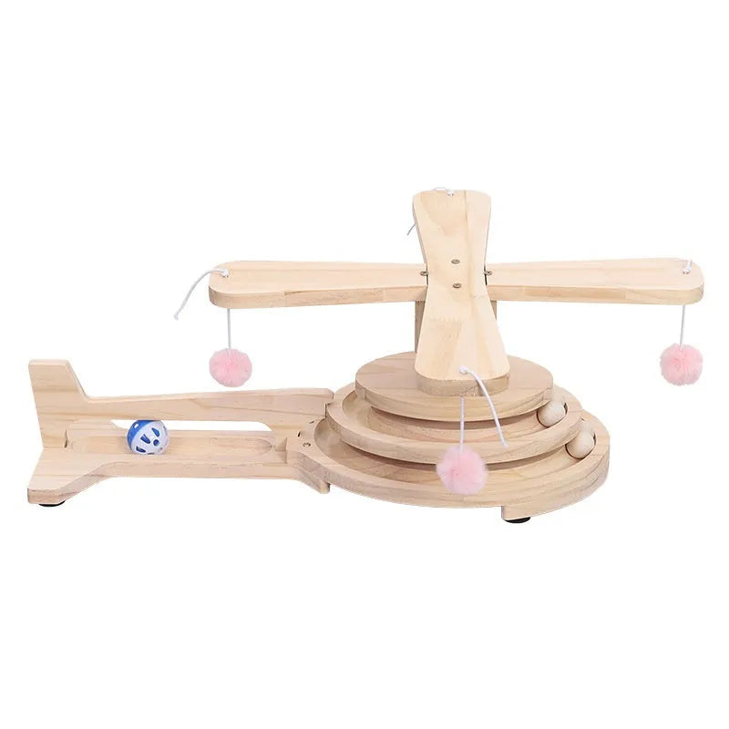 Solid wood cat scratch board toy with turntable design and rotating catch ball in panda column design