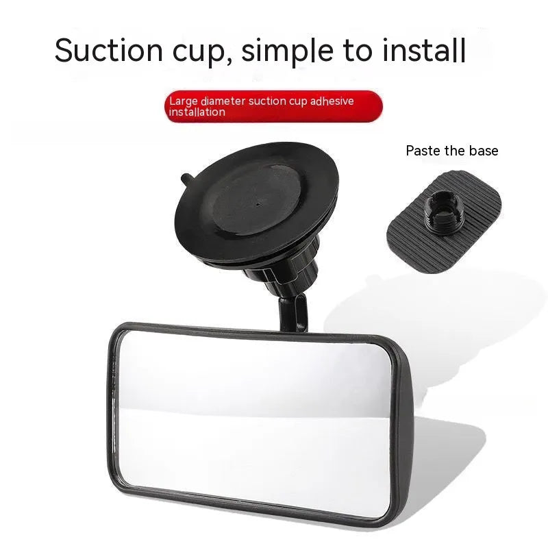 Black 360-degree rotating car rearview mirror with a suction cup mount on a windscreen.