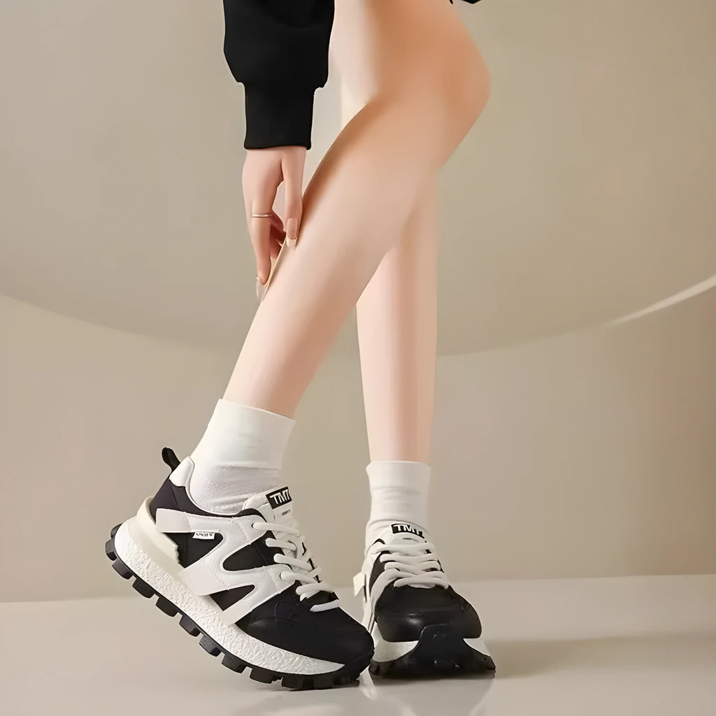 Women's casual platform sneaker in Beige with artificial PU upper, mesh lining, and front lace-up closure on white background