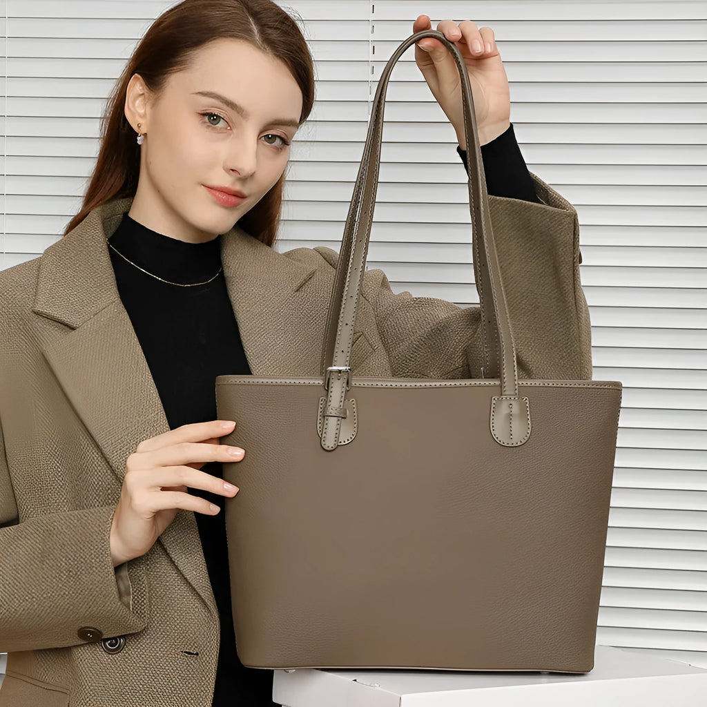 Genuine leather women's tote bag in retro style with multiple internal compartments
