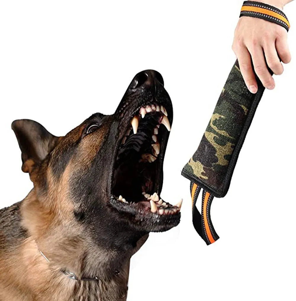Natural jute dog training bite stick with yellow edge trim, approximately 55cm length
