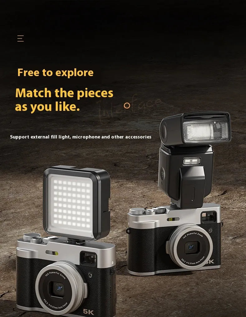 Black 5K HD digital camera with dual lenses and an optical viewfinder on a camera strap.