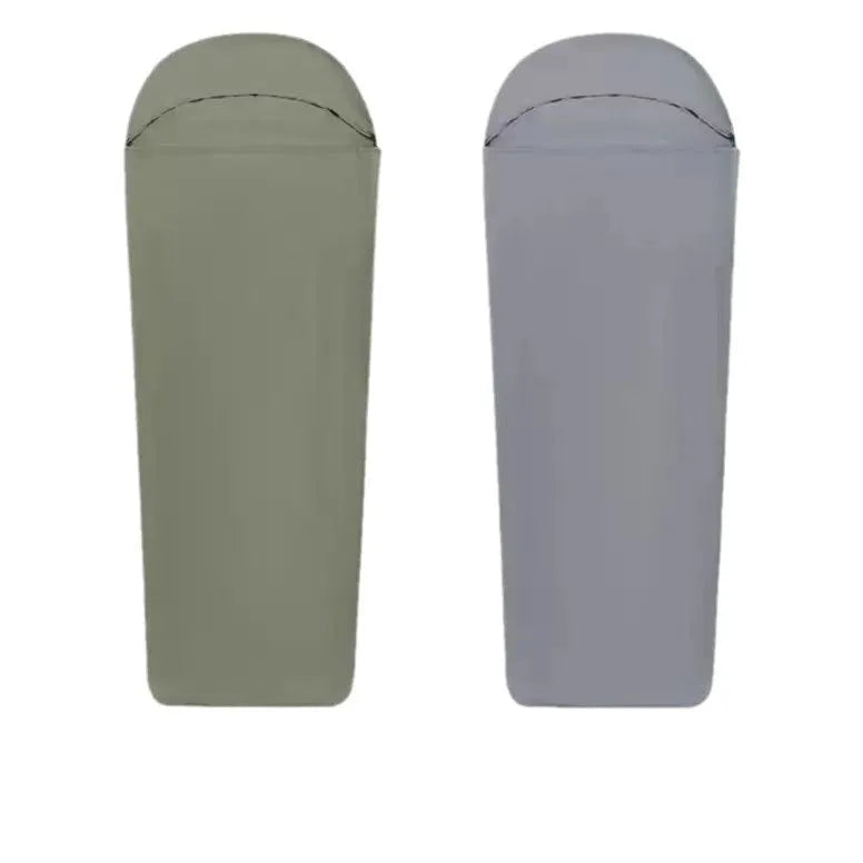 Blue or green mummy-style nylon camping sleeping bag showing tapered design and lightweight construction