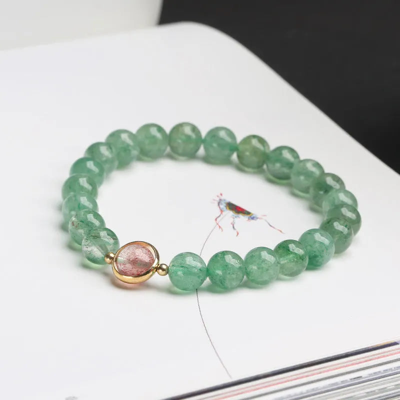 Natural green strawberry quartz 7.5mm bead hand-woven women's bracelet geometric Chinese-style design.
