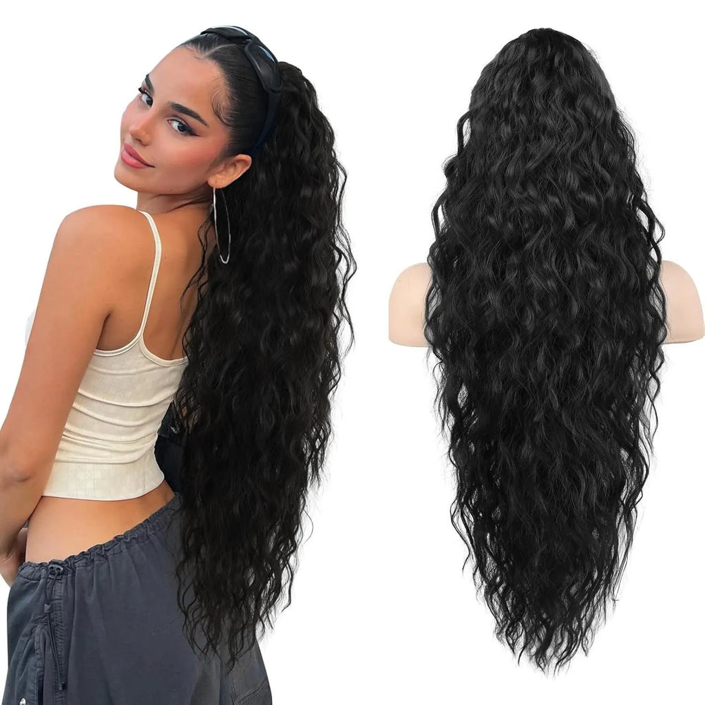 Synthetic curly ponytail wig with grip attachment in 30-inch length on display stand