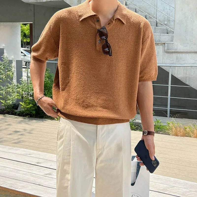 Men's caramel coloured retro knitted polo shirt with asymmetric design and short sleeves