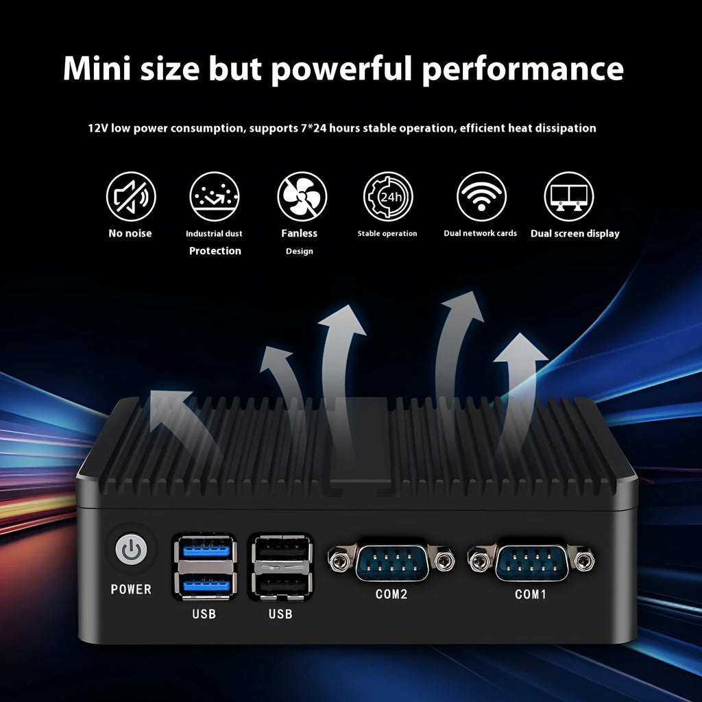 Compact silver industrial fanless mini-host computer with connectivity ports on side.