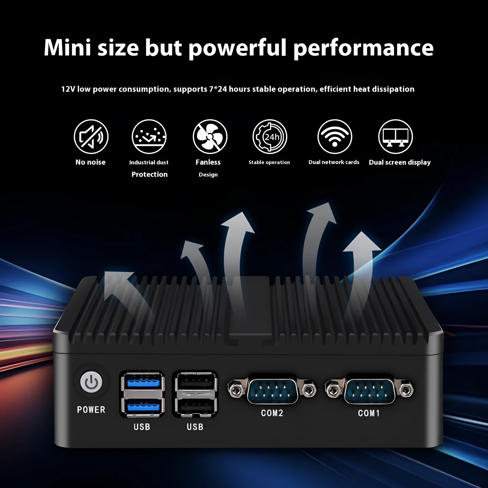 Compact silver industrial fanless mini-host computer with connectivity ports on side.