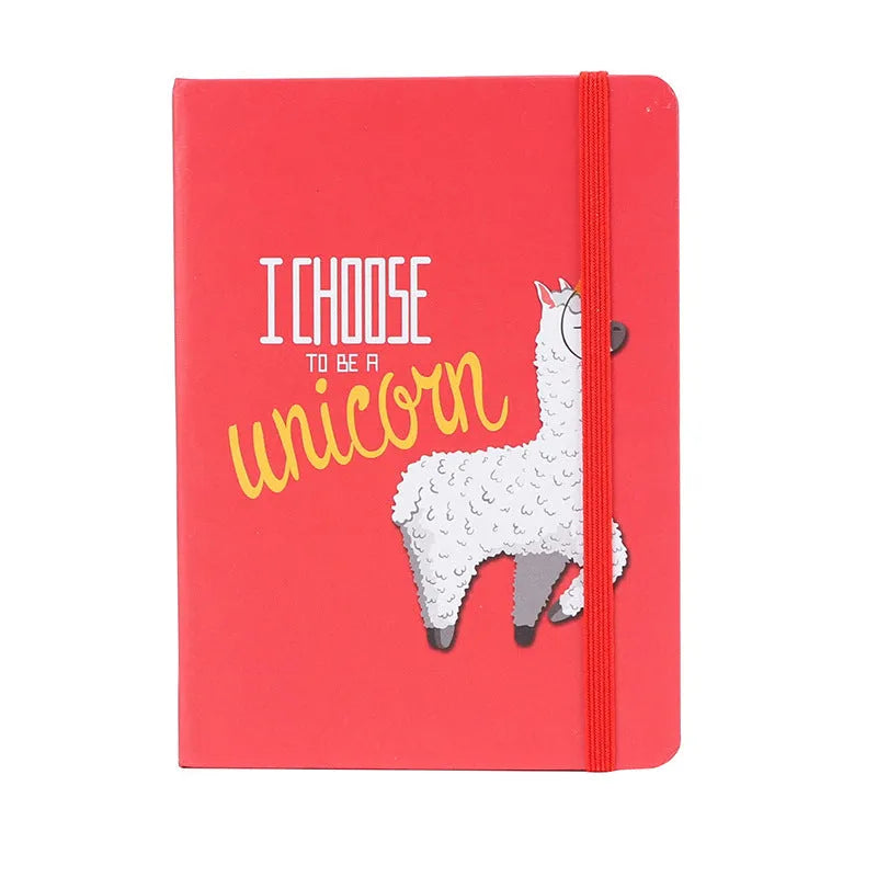 Alpaca cartoon design notepad open showing yellow paper, available in A5, A6, and A7 sizes.