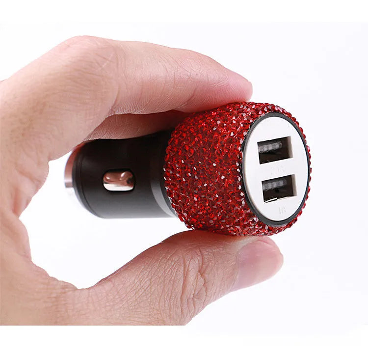 Diamond-pattern car charger adapter for cigarette lighter socket in red, white, black, pink, AB, and suit colours.