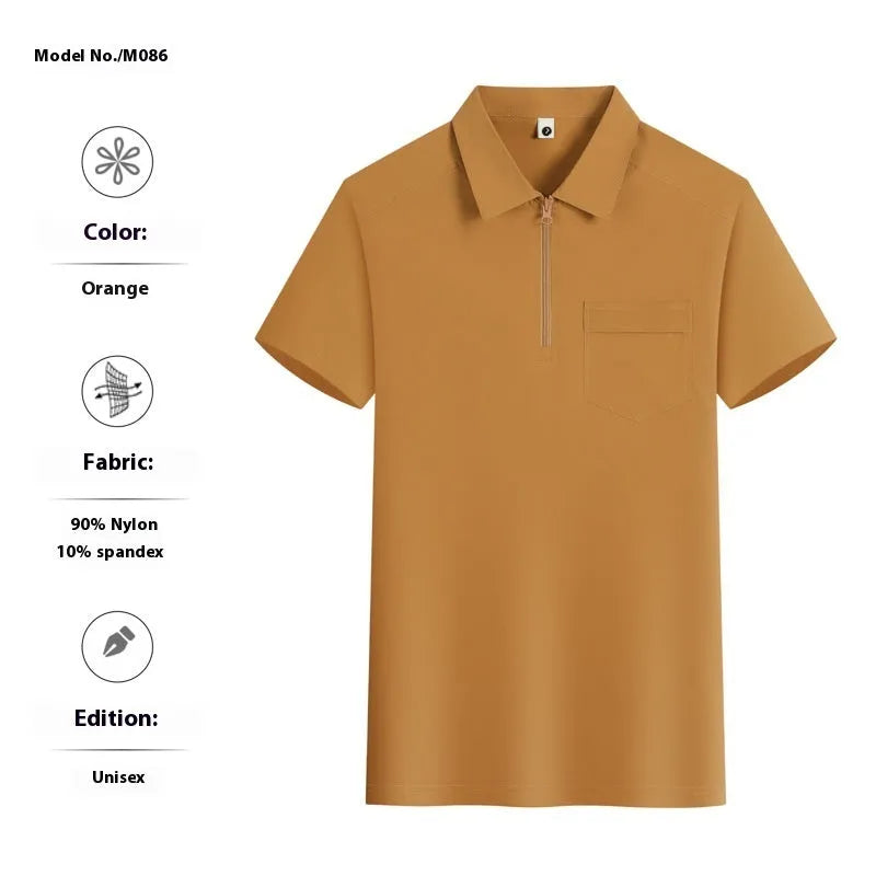 Nylon advertising shirt with chest zipper pockets and lapel tooling design in silver grey colour