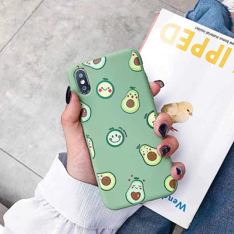 Avocado cartoon design on a green flexible TPU case for an Apple iPhone.