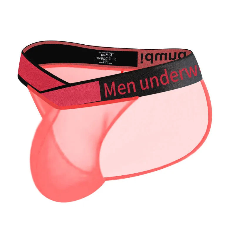 Men's solid colour ice silk nylon briefs showing low waist and large V gradient design.