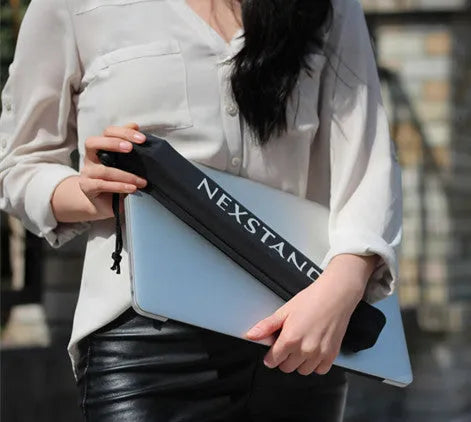 Black folding laptop stand showing folded and unfolded positions with reinforced nylon construction