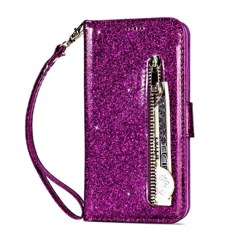 PU leather zipper closure phone case for iPhone in black, shown next to silver and rose gold options.