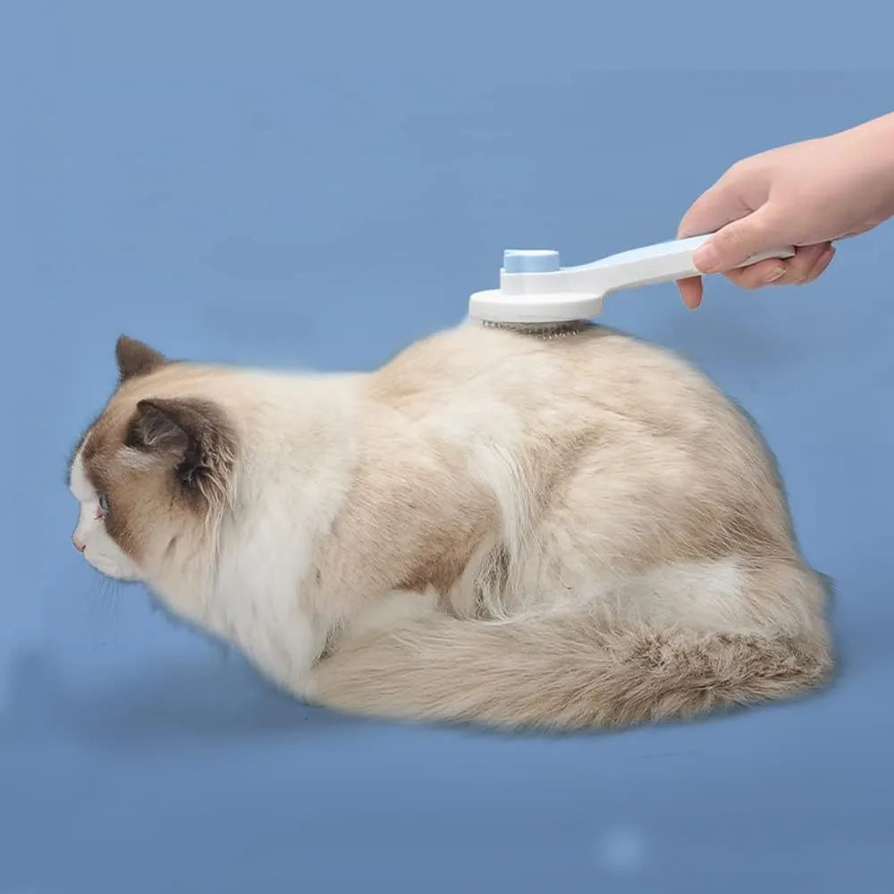 Blue self-cleaning cat grooming brush with rubber-tipped metal pins and ergonomic rubber handle