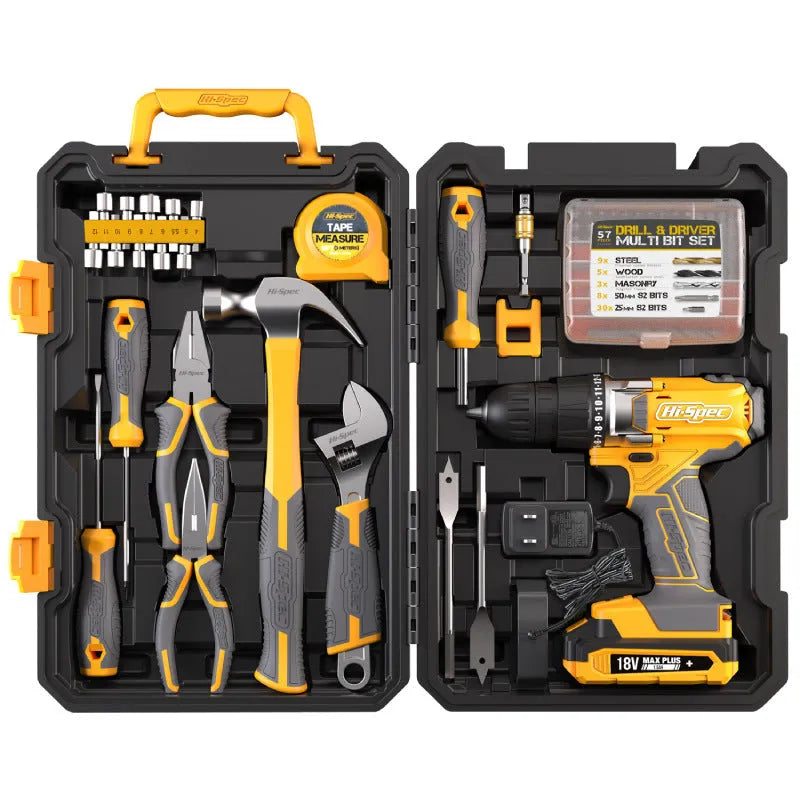 Grey yellow US-style case containing an 82-piece chrome-vanadium steel tool combo set for home repair.