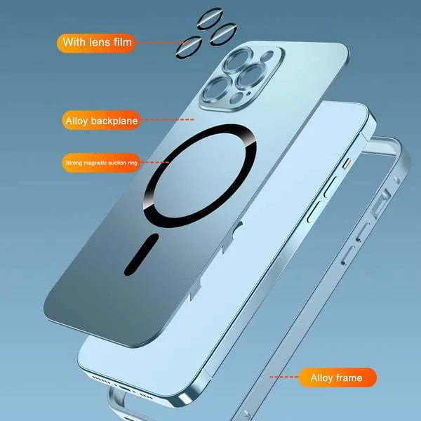 Aluminium alloy magnetic phone case showing dark purple colour with nickel piece and lens protection design