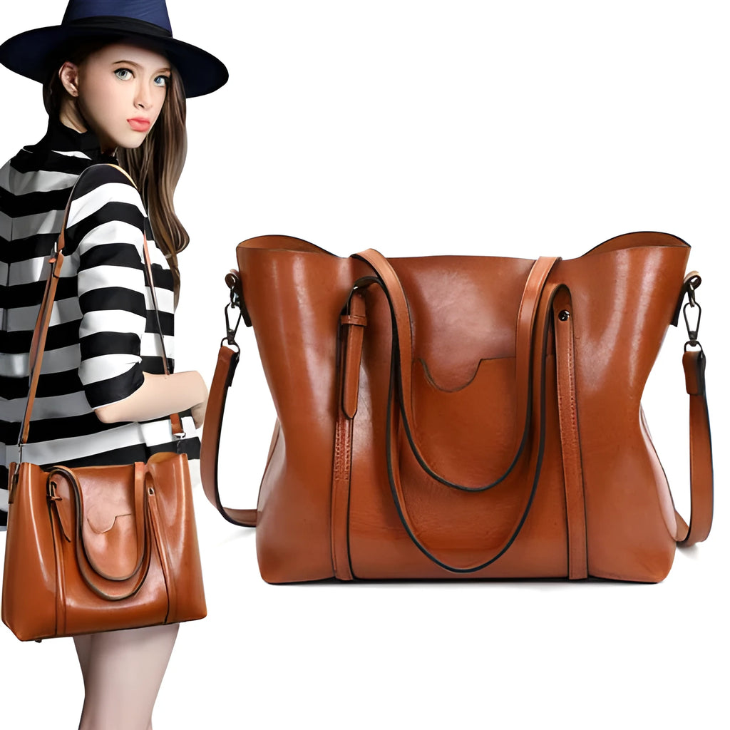 Brown retro messenger bag for women with large main compartment, shown next to a wallet and A4 magazine for scale.