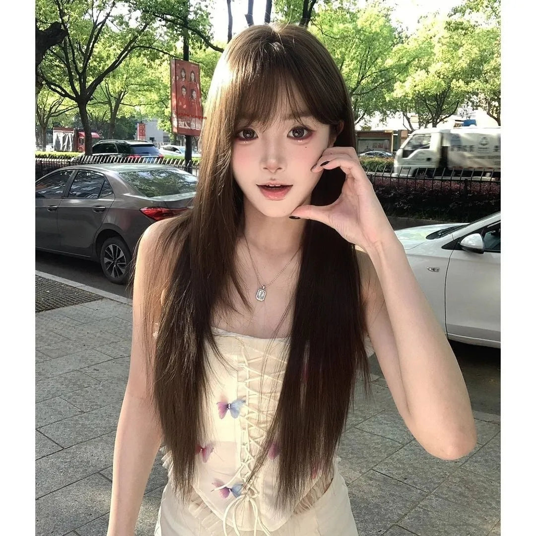 Brown black ladies wig with black tea simulation effect and high-temperature fibre hair material