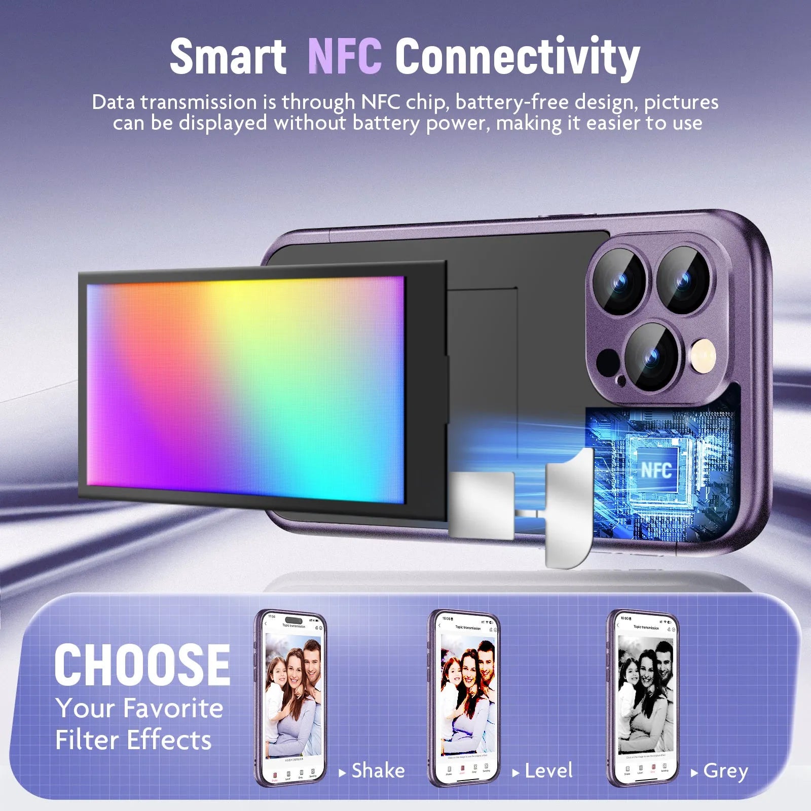 Black and purple IPhone 15 Pro Max NFC flip phone case with a customisable ink screen display.