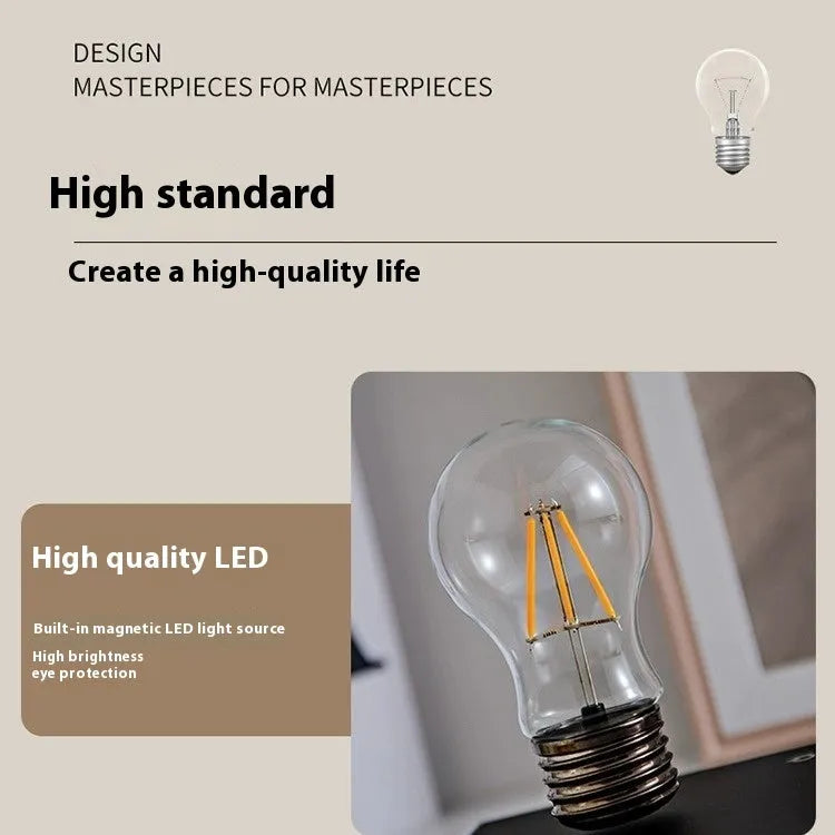 Creative suspension bulb desk lamp with iron art frame and wood grain base on table