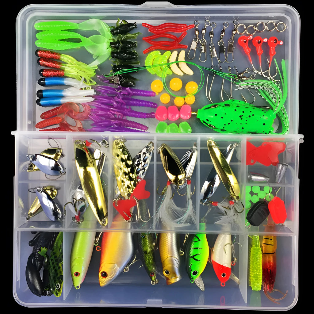 Junior fishing lure suit showing soft plastic baits organised in blue PP plastic storage tackle box