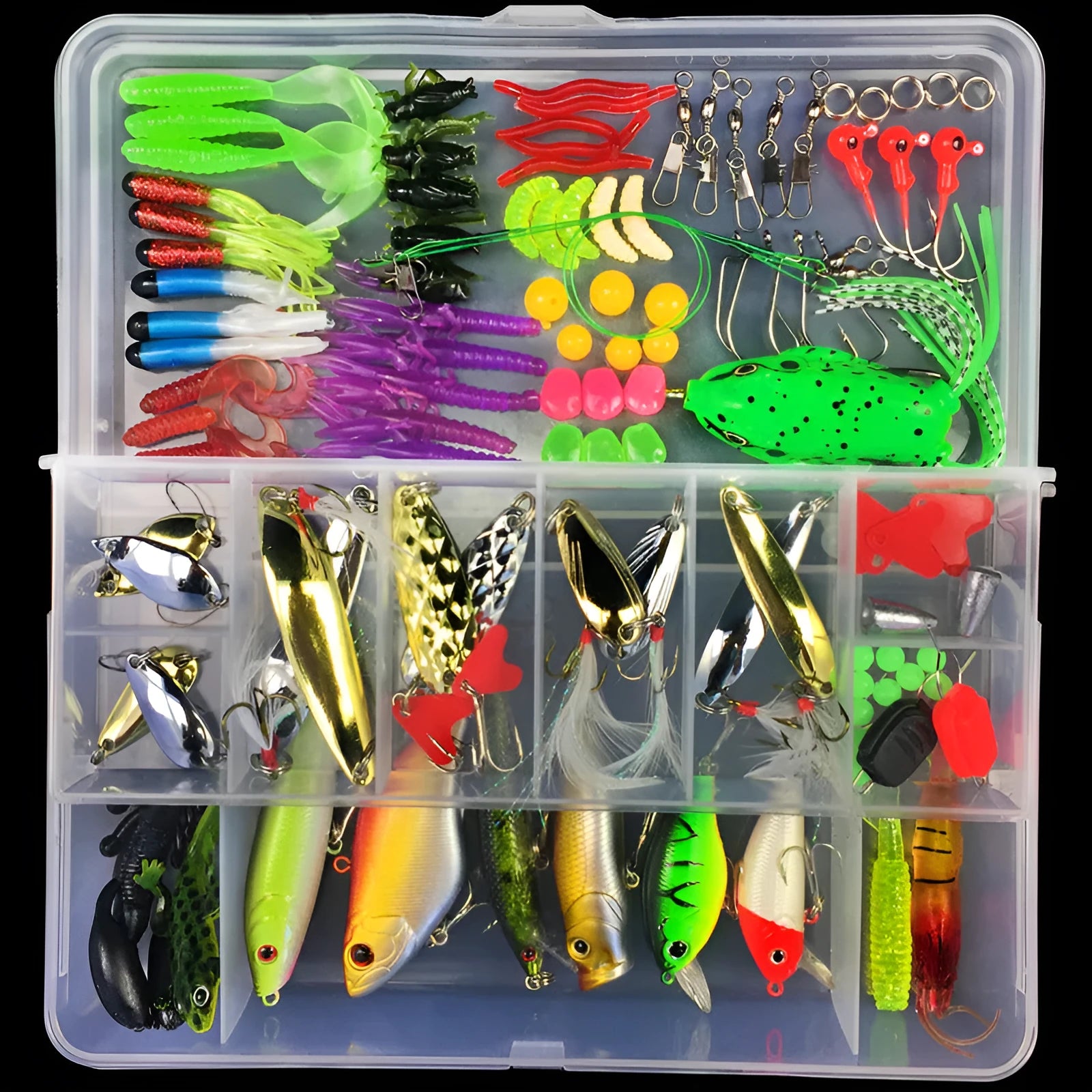 Junior fishing lure suit showing soft plastic baits organised in blue PP plastic storage tackle box