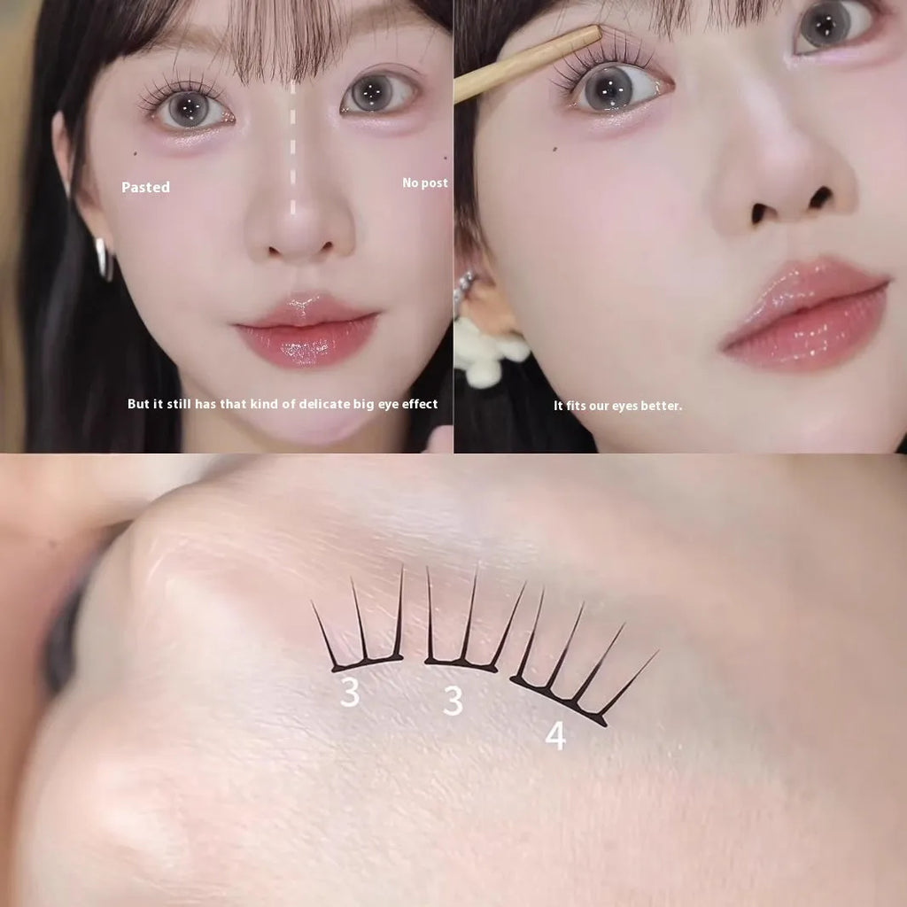 Pack of reusable individual false eyelash clusters with glue and tweezers on a pink background
