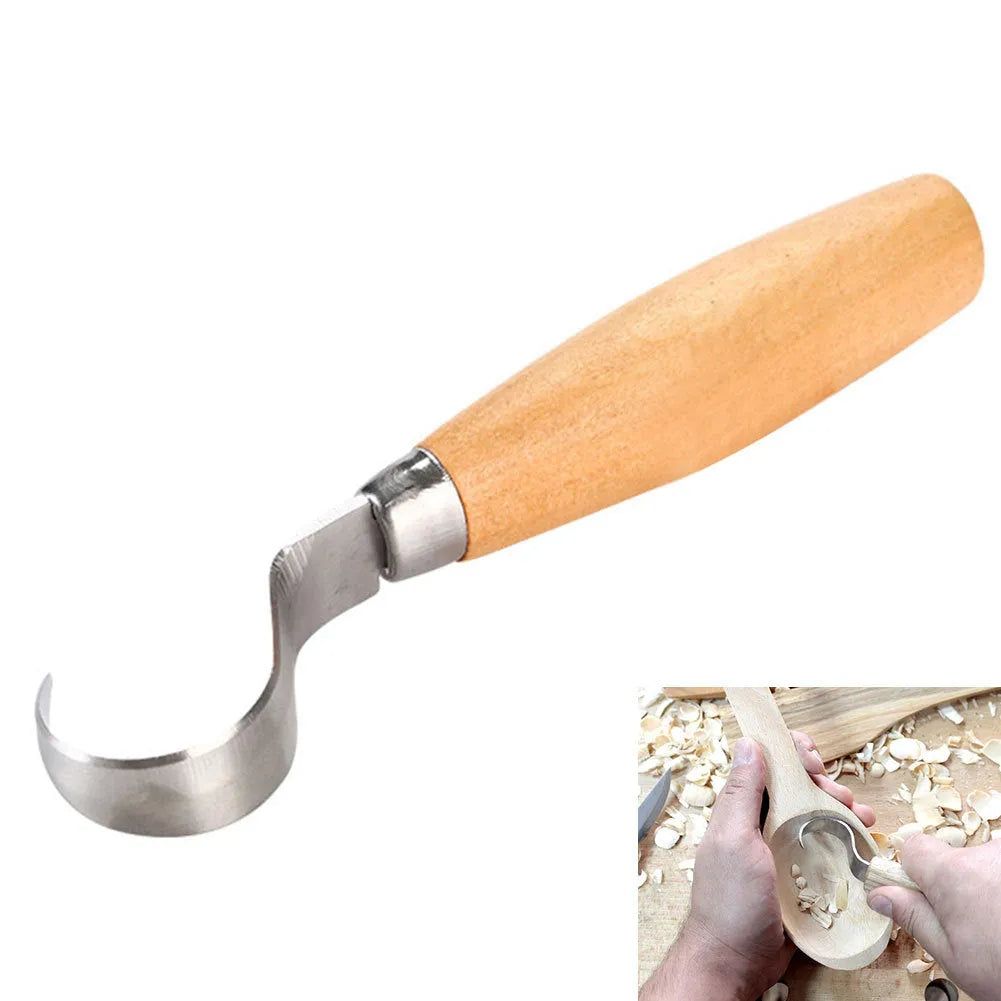 FastCraft curve carving knife with wooden handle and stainless steel blade for wood carving.