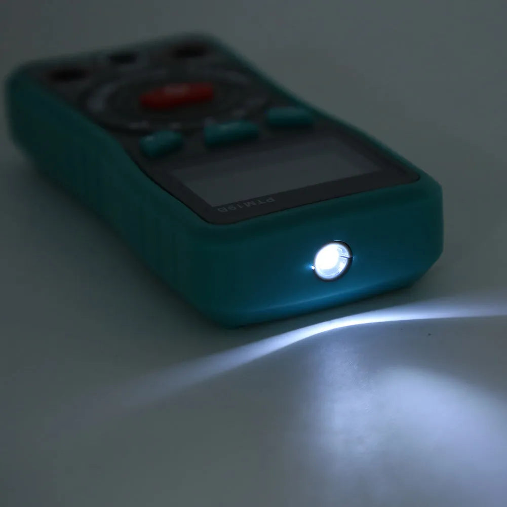 Green automatic digital multimeter with LED display and rear bracket for electrical testing