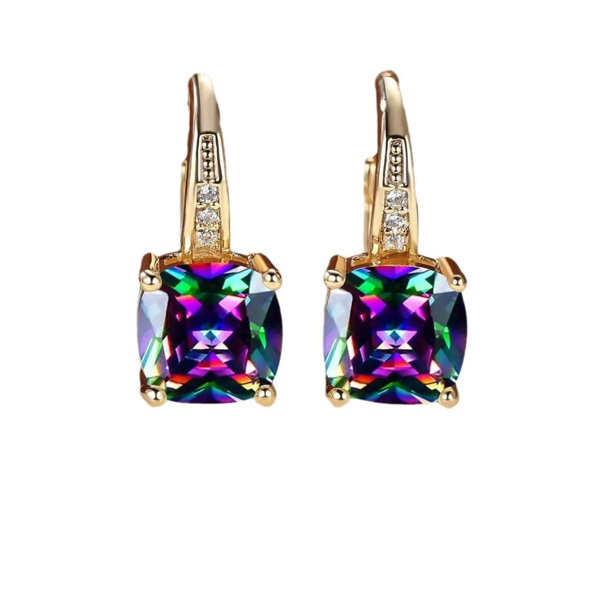 Geometric square ear clip with colourful moissanite inlay on electroplated copper background