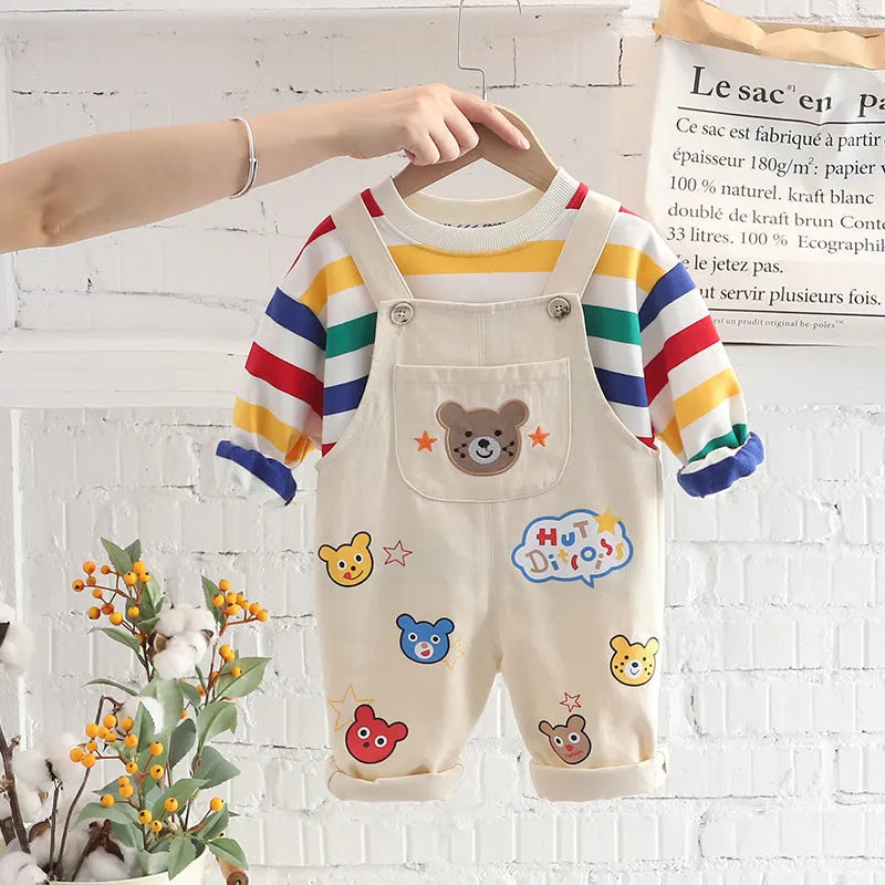 Boys' plaid top overalls suit in yellow and milky white cotton shirt and pants set for heights 80-120cm