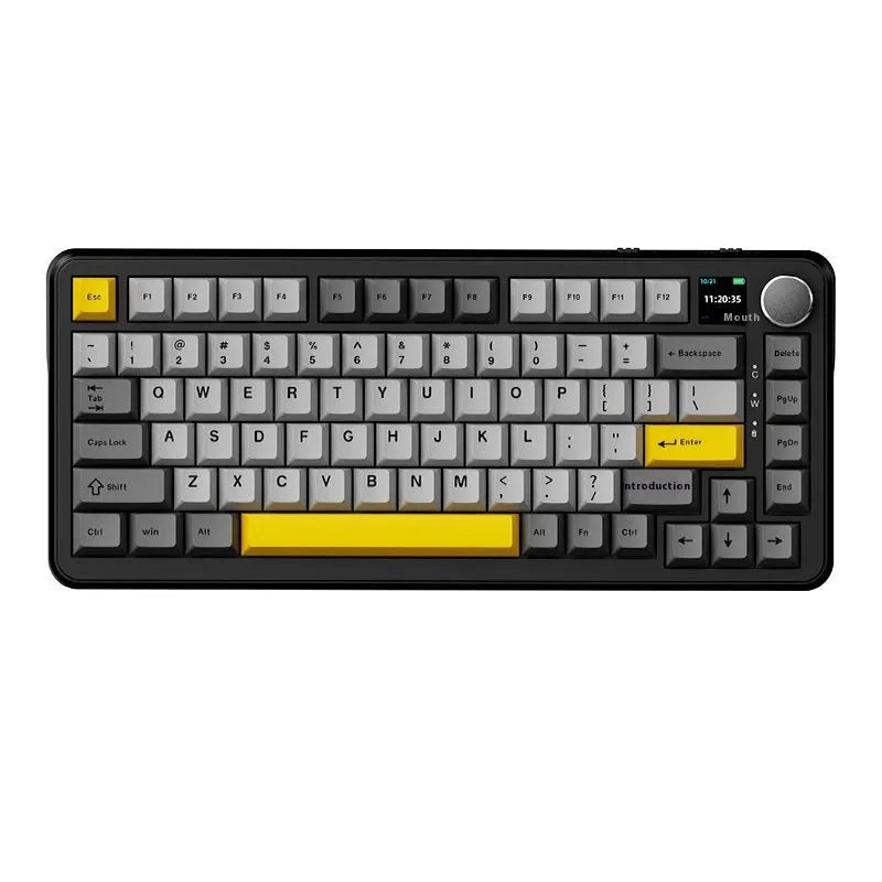Black, Grey and Yellow three-mode wireless mechanical keyboard with key puller tools on a desk