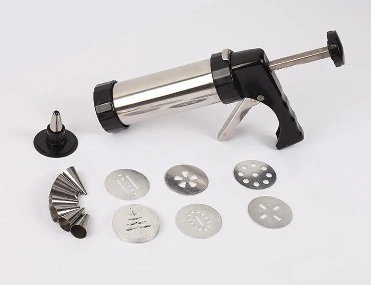 Stainless steel biscuit press machine with cookie moulds and pastry nozzles for baking