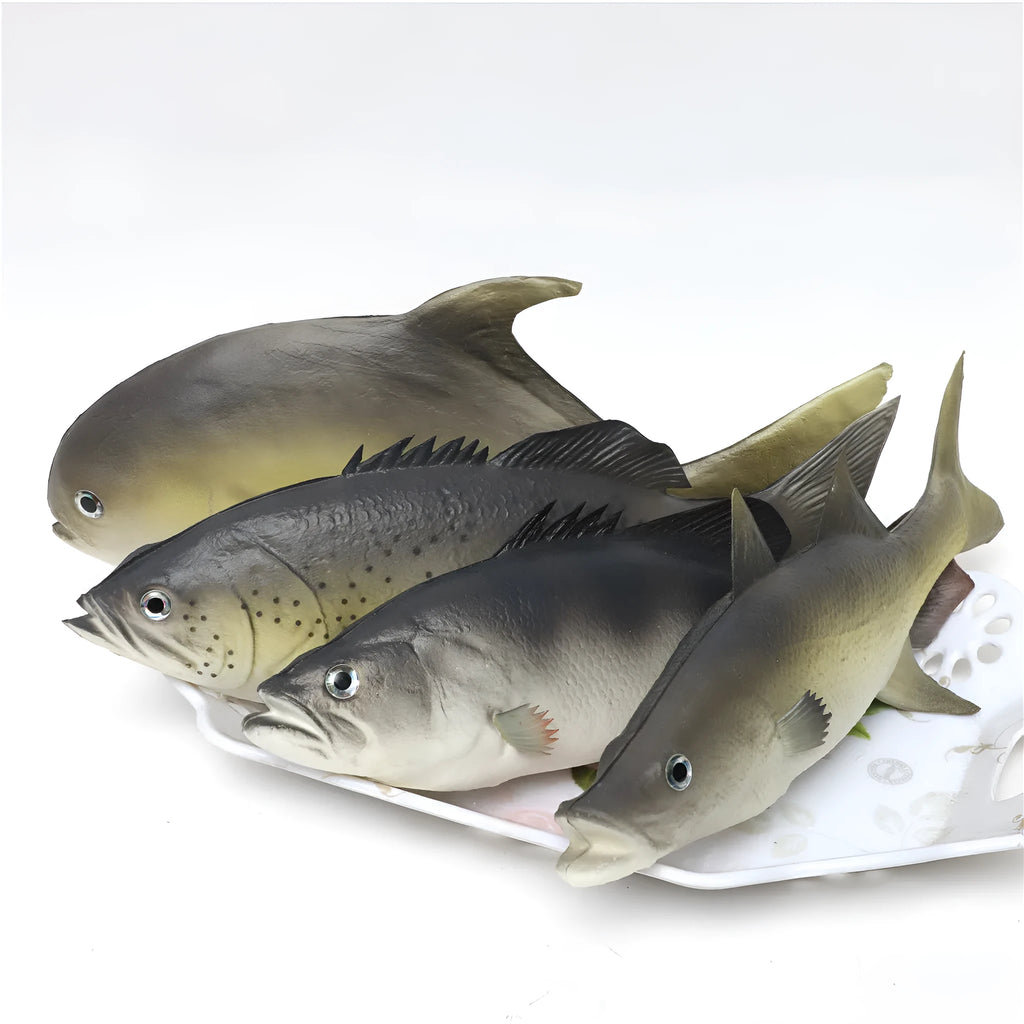 PU simulated fish ornament set showing yellow-fin tuna, flower fish, small tuna and yellow croaker ocean animal models