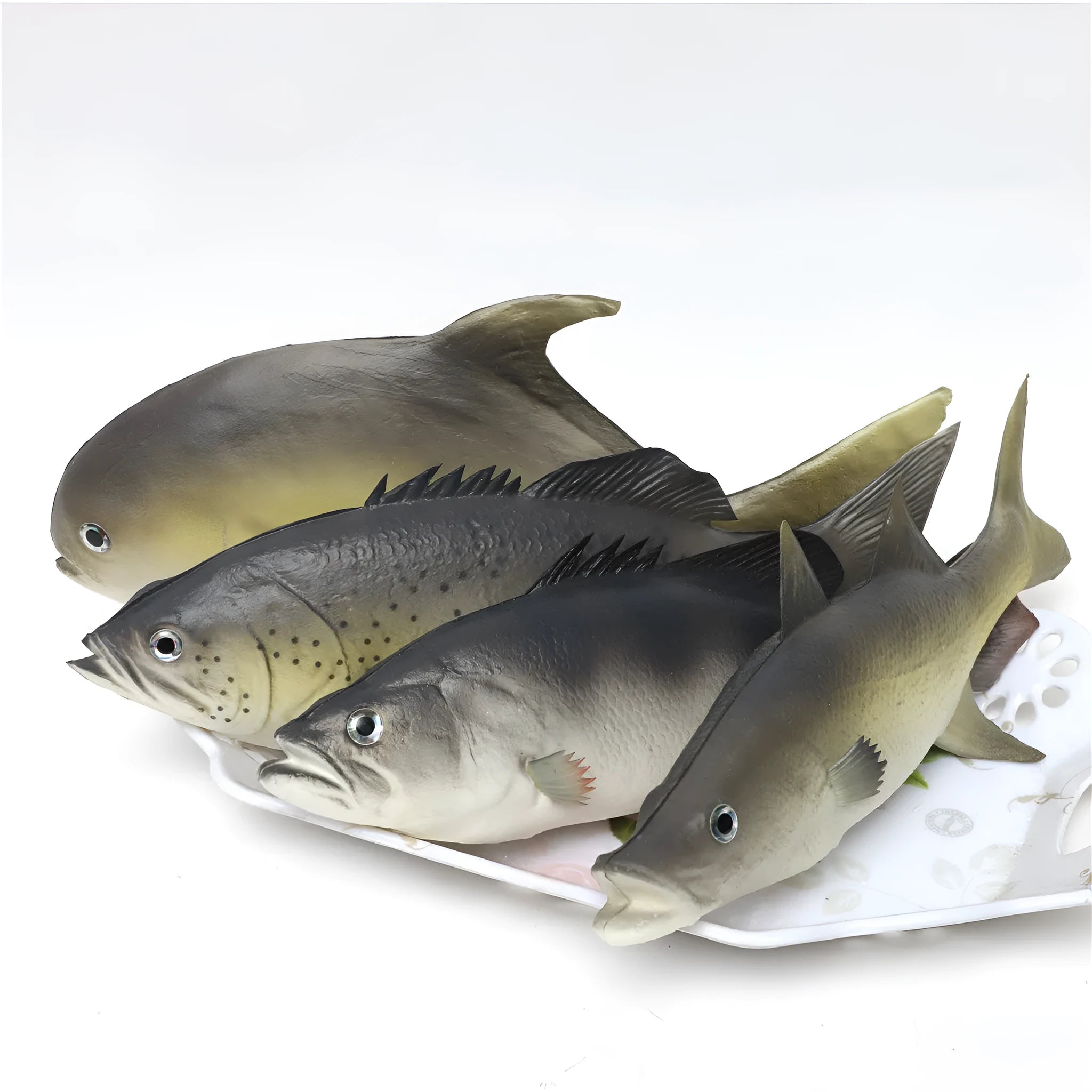 PU simulated fish ornament set showing yellow-fin tuna, flower fish, small tuna and yellow croaker ocean animal models