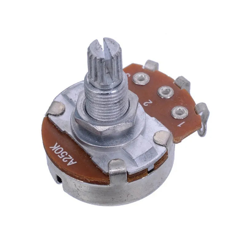 A single metal potentiometer knob for electric guitar, labelled with options A500K Tone, B500K Volume, A250K Tone, B250K Volume.