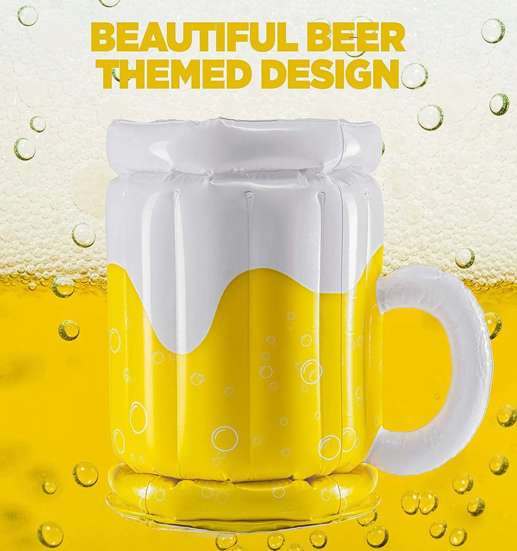 Large yellow inflatable beer mug drink cooler floating in a swimming pool.